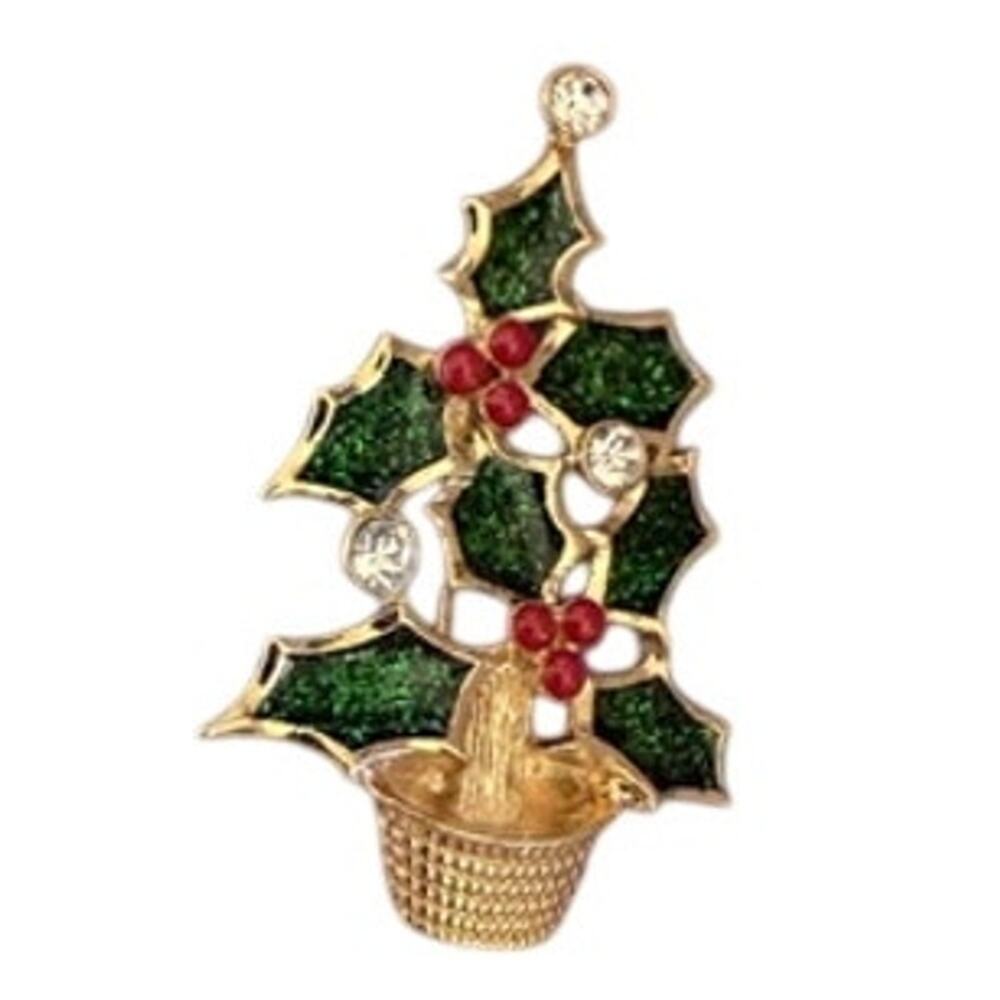 Avon Festive Holiday Pins Holly Tree Christmas Brooch 2002 NIB